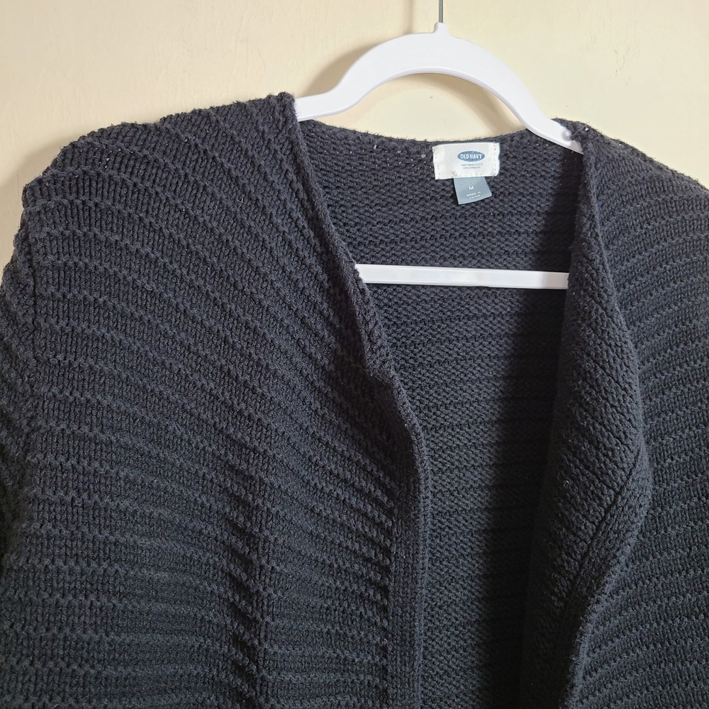 Old Navy Black Chunky Ribbed Knit Cardigan M Longline Old Minimalist Scandi Noir - Picture 4 of 8